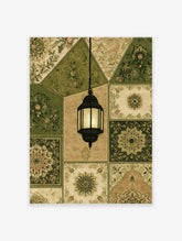 Green floral lantern art print with black hanging lamp and patchwork botanical tiles