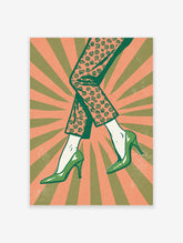 Retro fashion poster of green floral trousers and green heeled shoes on a coral sunburst background