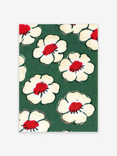 Green floral art print with cream blossoms and red centres in a repeating pattern on a dark green background