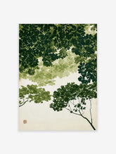 Green tree canopy art print with layered leaves and pale sky