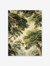 Green forest canopy poster, a vintage illustration looking up at tall trees with lush green leaves against a light sky.