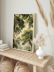Green forest canopy poster, a vintage illustration looking up at tall trees with lush green leaves against a light sky. - Image 4