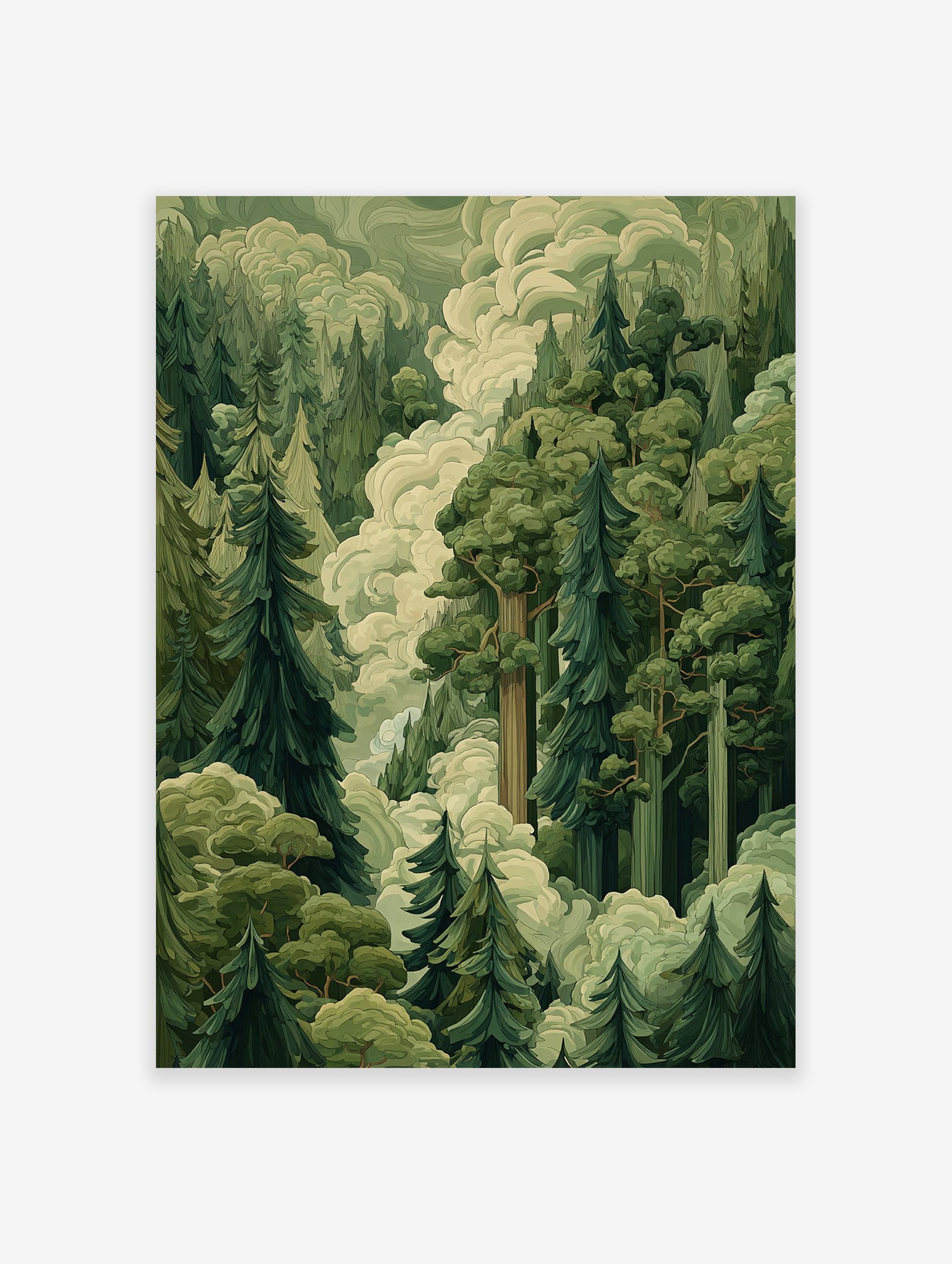 Green forest poster with tall illustrated trees and white misty clouds, depicting a serene woodland scene.