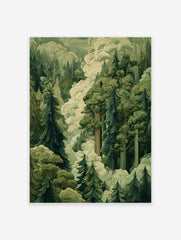 Green forest poster with tall illustrated trees and white misty clouds, depicting a serene woodland scene.