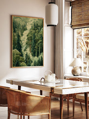 Green forest poster with tall illustrated trees and white misty clouds, depicting a serene woodland scene. - Image 2