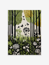 Green forest botanical print with black tree trunks, flying butterflies, and white wildflowers in an illustrative style