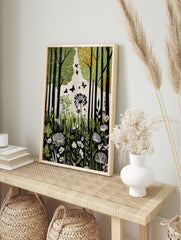 Green forest botanical print with black tree trunks, flying butterflies, and white, in an alternate framed mockup