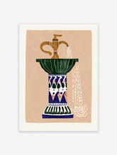 Stylised brass tap pouring water into a green fluted basin on a patterned column, Mediterranean poster
