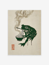 Stylized green frog eating ramen noodles with chopsticks, with steam rising, on a textured beige background. Green Frog Ramen Wall Art.