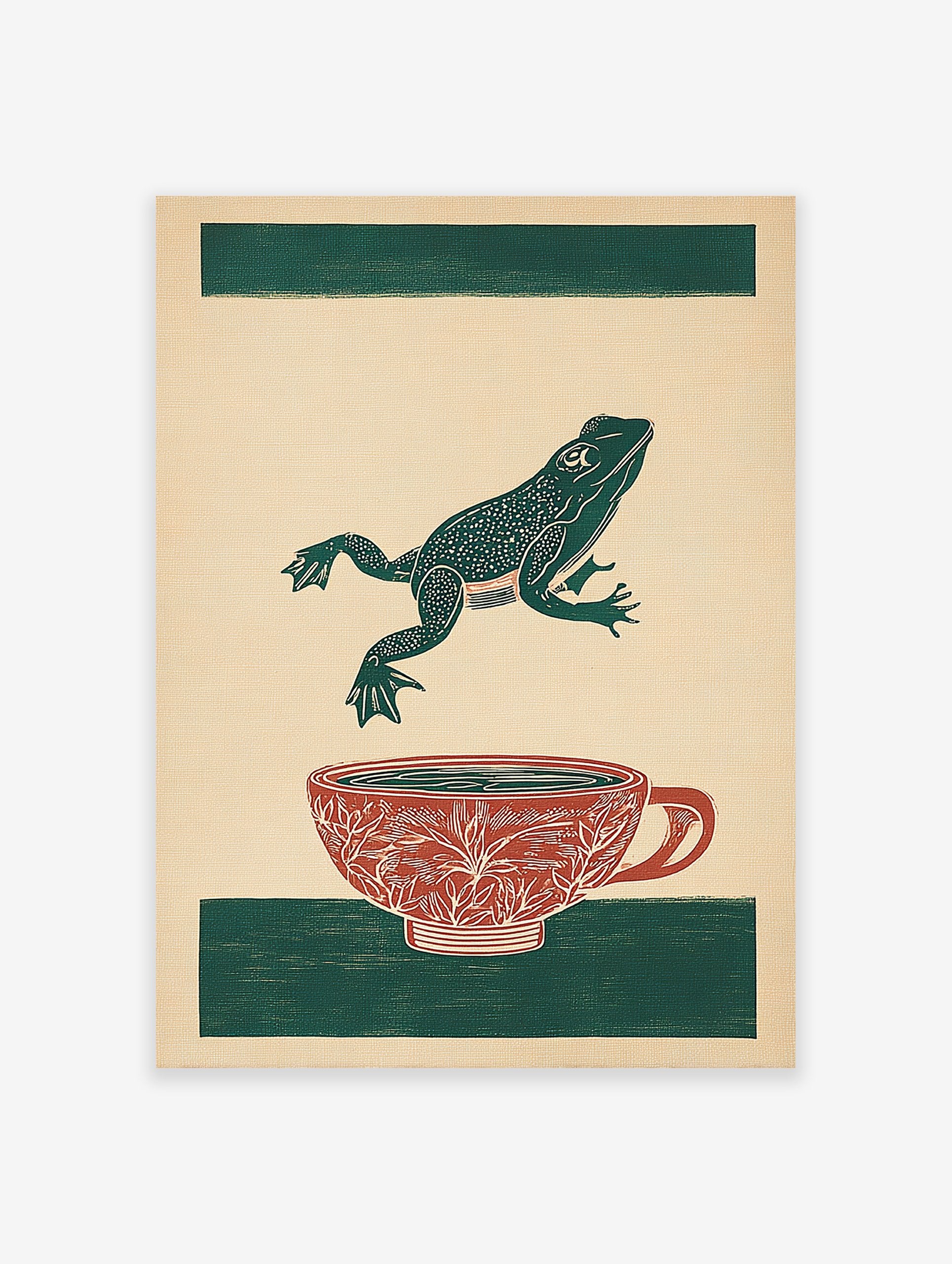 Green frog leaping over a red patterned teacup on a beige background with green stripes. Frog art print.
