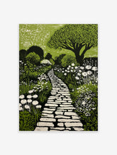 Green and black linocut print of a winding stone garden path surrounded by white flowers and lush foliage
