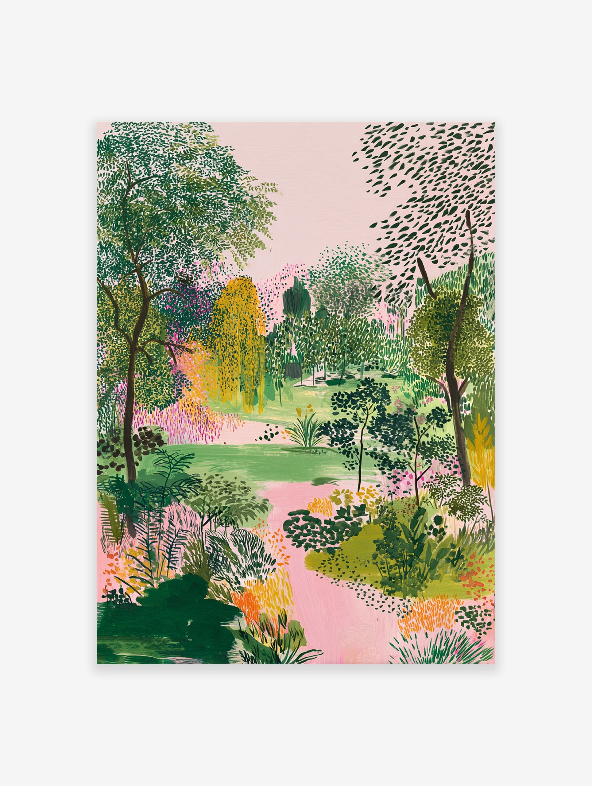 Green garden poster featuring a lush landscape with trees, bushes, and a pink winding path, under a pink sky.