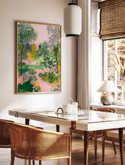 Green garden poster featuring a lush landscape with trees, bushes, and a pink winding path, under a pink sky. - Image 2