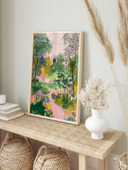 Green garden poster featuring a lush landscape with trees, bushes, and a pink winding path, under a pink sky. - Image 4