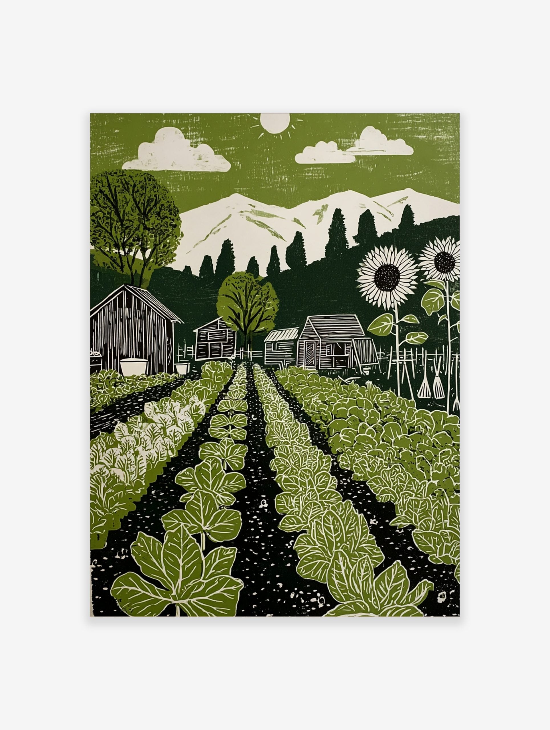 Green garden linocut-style print with vegetable rows, barns, sunflowers, mountains, and sun in sky