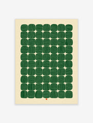 Geometric abstract wall art with green striped rounded shapes in a grid pattern on a cream background