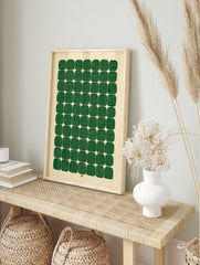 Geometric abstract wall art with green striped rounded shapes in a grid pattern on a cream, in an alternate framed mockup