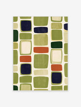 Green geometric wall art print with stacked rounded rectangles in olive, navy, orange, and cream