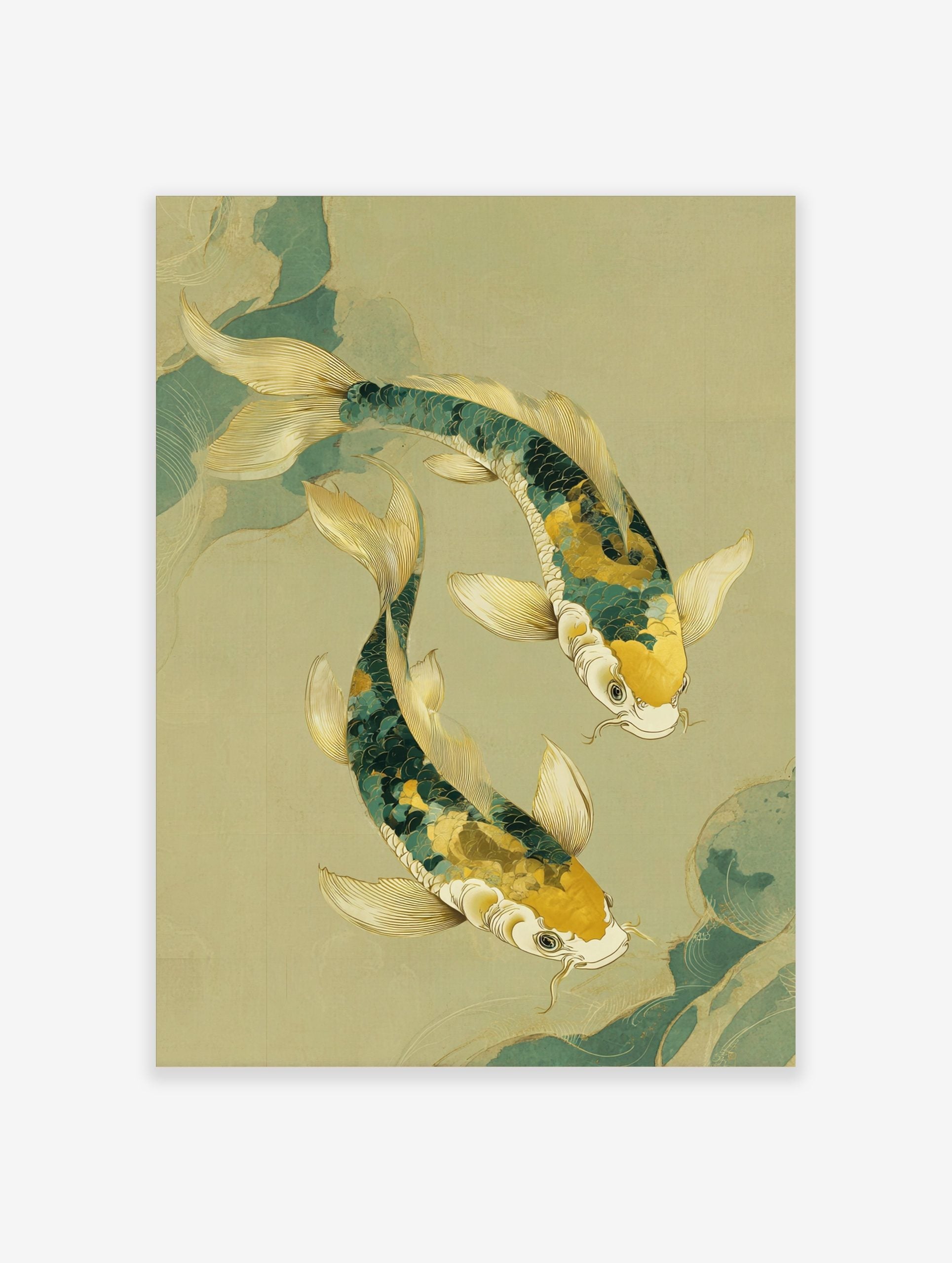 Illustrative print of two green and gold koi fish swimming gracefully on a light green background