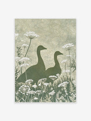 Illustrative green goose silhouettes with white Queen Anne's Lace botanical print