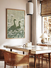 Illustrative green goose silhouettes with white Queen Anne's Lace botanical print, in a styled room mockup