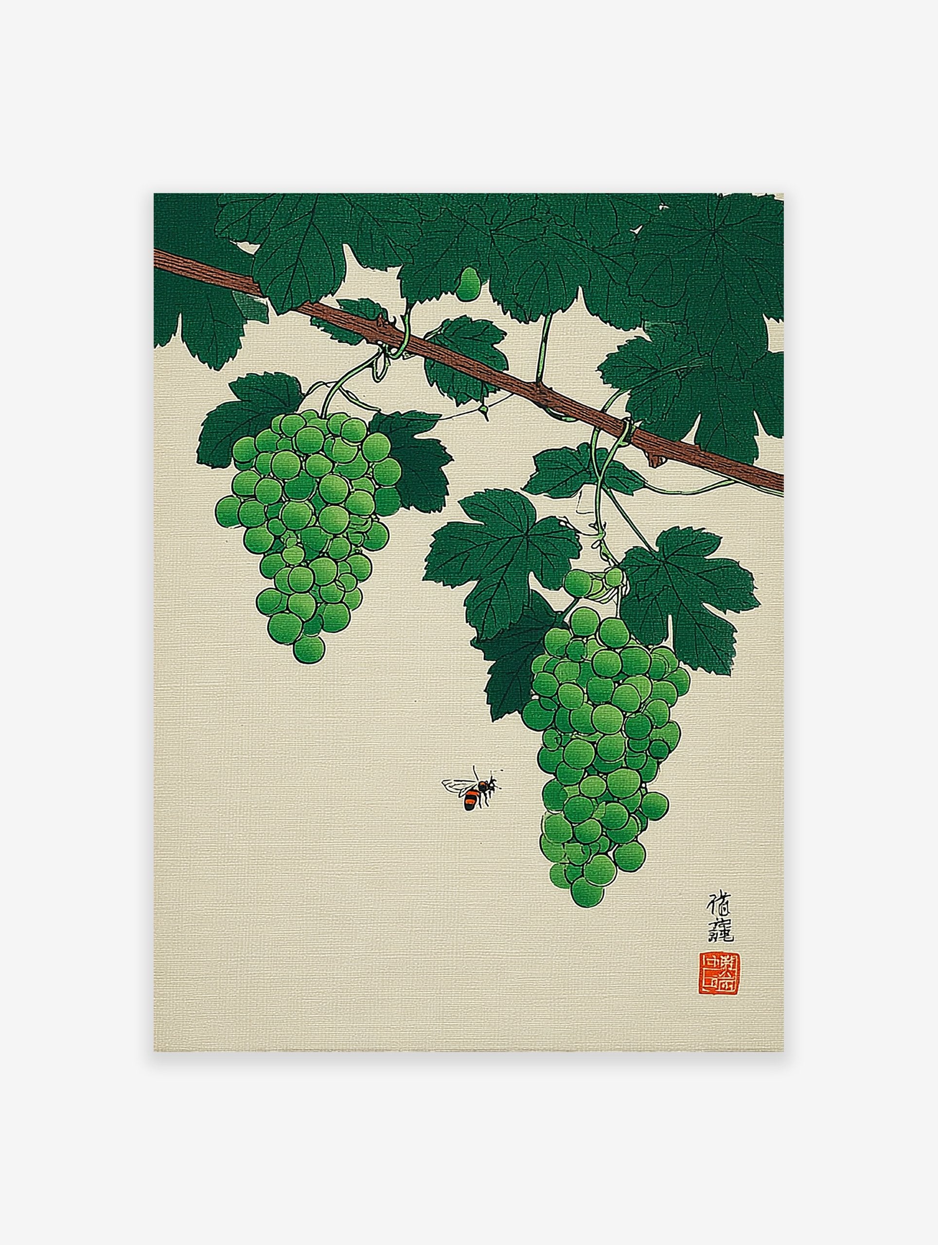 Green Grapes Wall Art botanical illustration featuring two bunches of grapes, a bee, and vine leaves on a light background.
