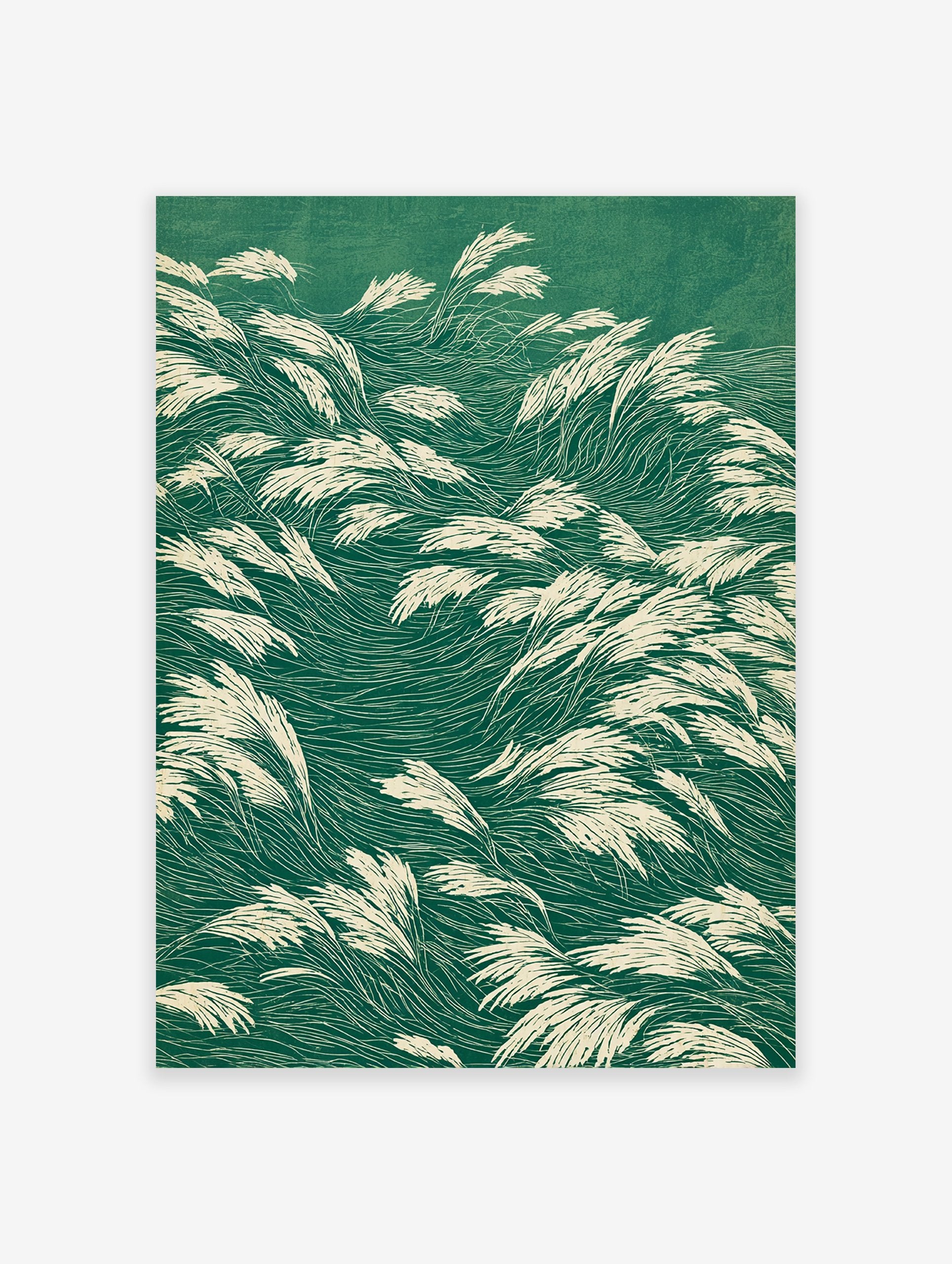 Green grass poster featuring illustrative, flowing white reeds against a dark green background, depicting a serene natural scene.