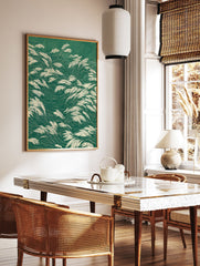 Green grass poster featuring illustrative, flowing white reeds against a dark green background, depicting a serene natural scene. - Image 2