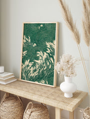 Stylized green and beige Japanese grass poster with tall reeds swaying against a background of circular, ripple-like patterns. - Image 4