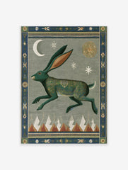 Stylized green hare wall art print with intricate patterns, crescent moon, sun, stars, and mountain peaks, bordered by decorative motifs