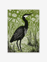 Illustrative linocut print of a black heron with white head markings, standing in green marsh water with reeds