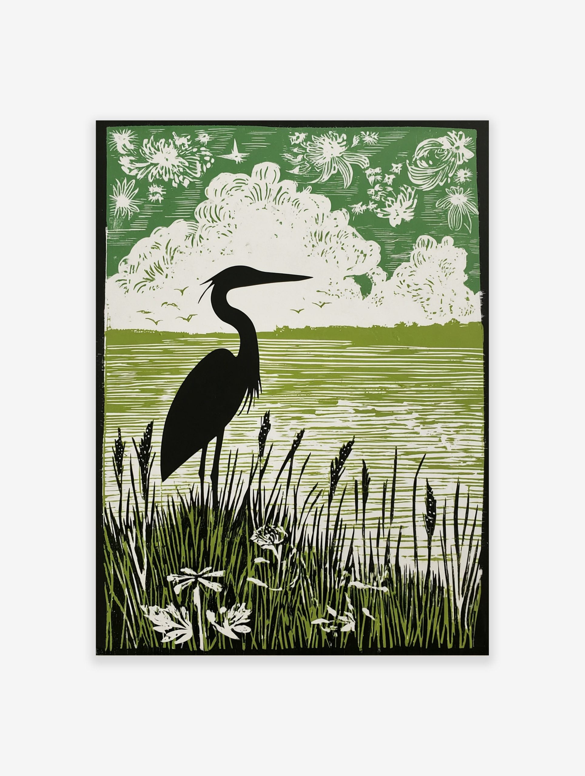 Green linocut style print of a heron in silhouette standing in tall reeds by water, with clouds and birds in the sky