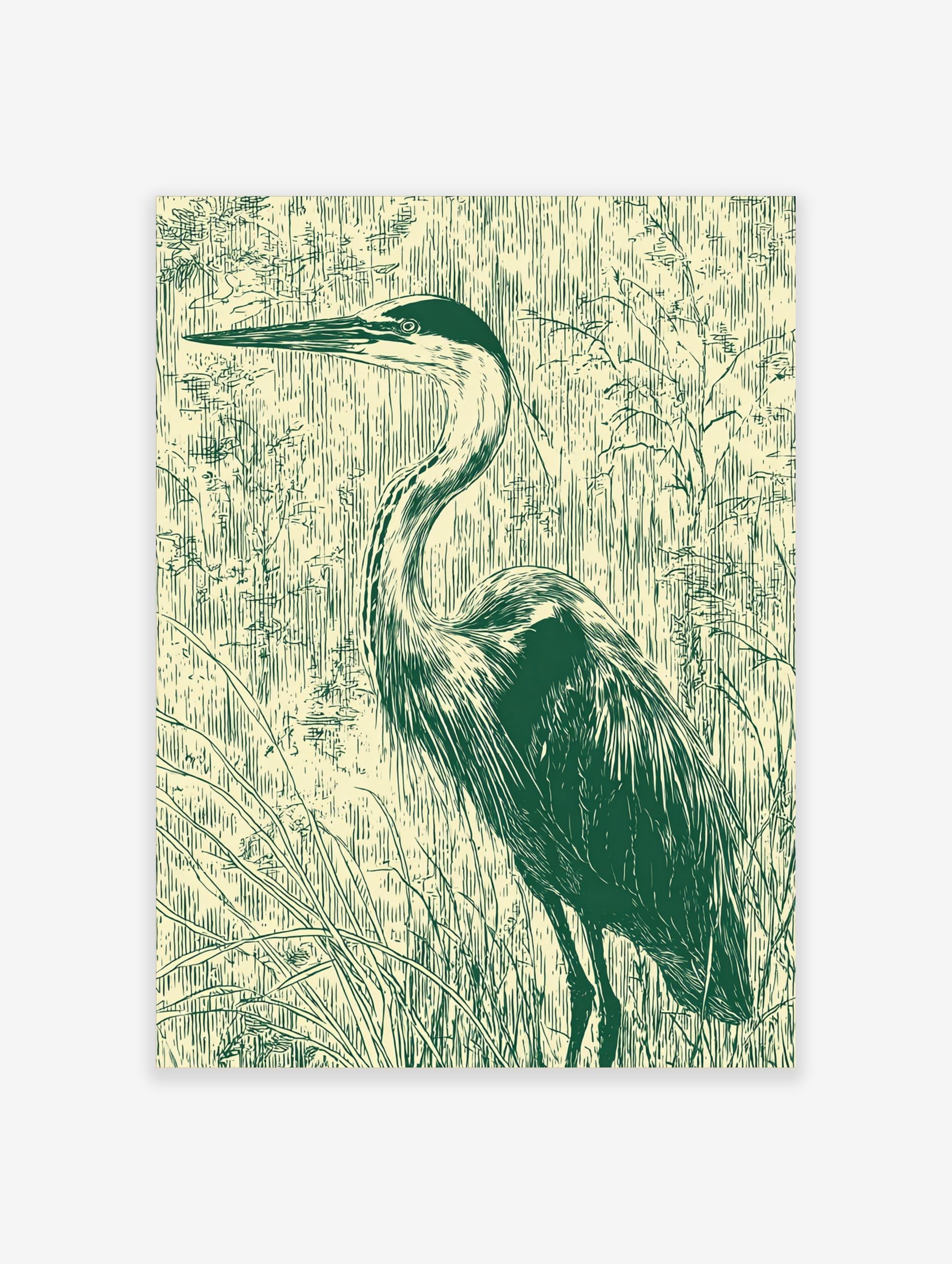 Illustrative green heron bird print standing in marsh grasses on a light beige background in portrait orientation
