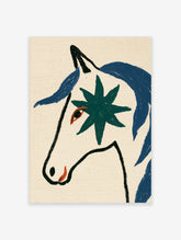 Green horse head poster with dark green starburst eye, blue mane, and black outline on cream background