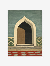 Green Islamic arch door poster with brown wooden door, dark interior, and geometric tile details