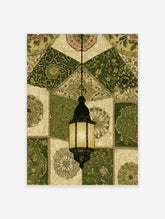 Green Islamic lantern poster with ornate hanging lamp and geometric tile patterns