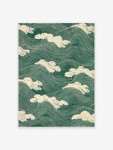 Green Japanese wave poster with white line patterns and cream cloud motifs on a dark green background