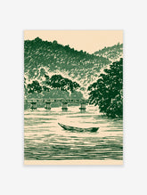 Green Japanese woodblock landscape print with a wooden bridge, moored boat, and forested hills