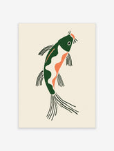 Green and orange koi fish art print with black line fins on a cream background