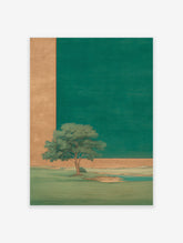 Serene green landscape painting with a lone tree by water, featuring gold and emerald green background elements.