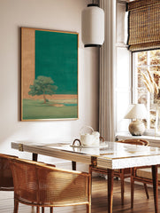 Serene green landscape painting with a lone tree by water, featuring gold and emerald green background elements. - Image 2