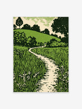 Green landscape woodcut style print with winding path, tall grass, small flowers, and tree-covered hill