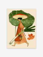 Botanical illustration poster of a woman in an orange dress holding a giant green leaf umbrella and a potted plant