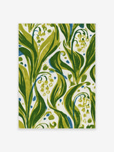 Green lily of the valley botanical art print with white flowers and blue accents on white