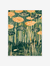Green lily pad poster with layered botanical leaves and vertical water reflections