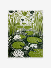 Green lily pads, white water lilies, and tall reeds in a pond, linocut-style botanical print