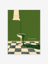 Surreal green liquid pour poster with cream pedestal, bowl and checkered floor
