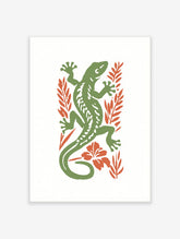 Green lizard illustration with orange botanical leaves and flower on a white background, nature-inspired wall art print.
