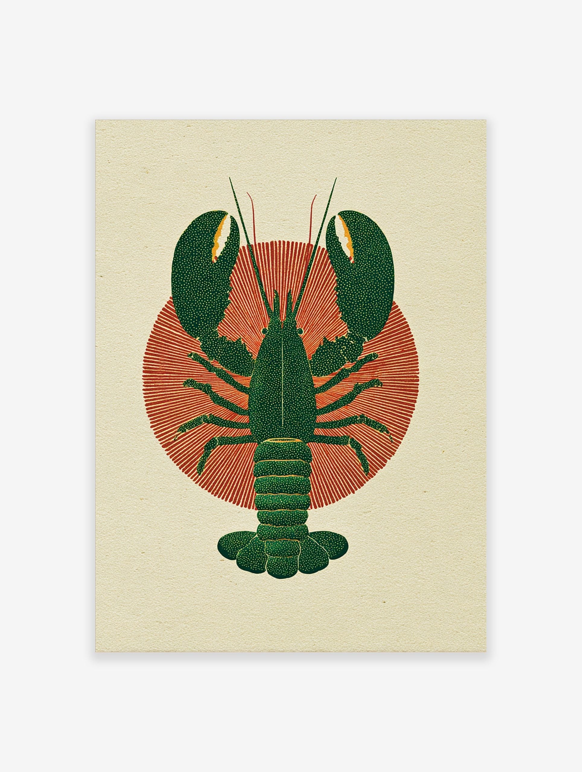 Dark green lobster illustration with textured claws and tail on a red radial sunburst background