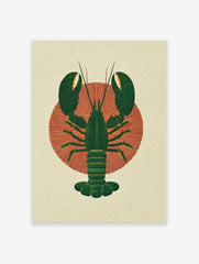Dark green lobster illustration with textured claws and tail on a red radial sunburst background